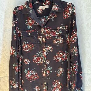 LOFT Black Floral Blouse with Pink & White Blooms